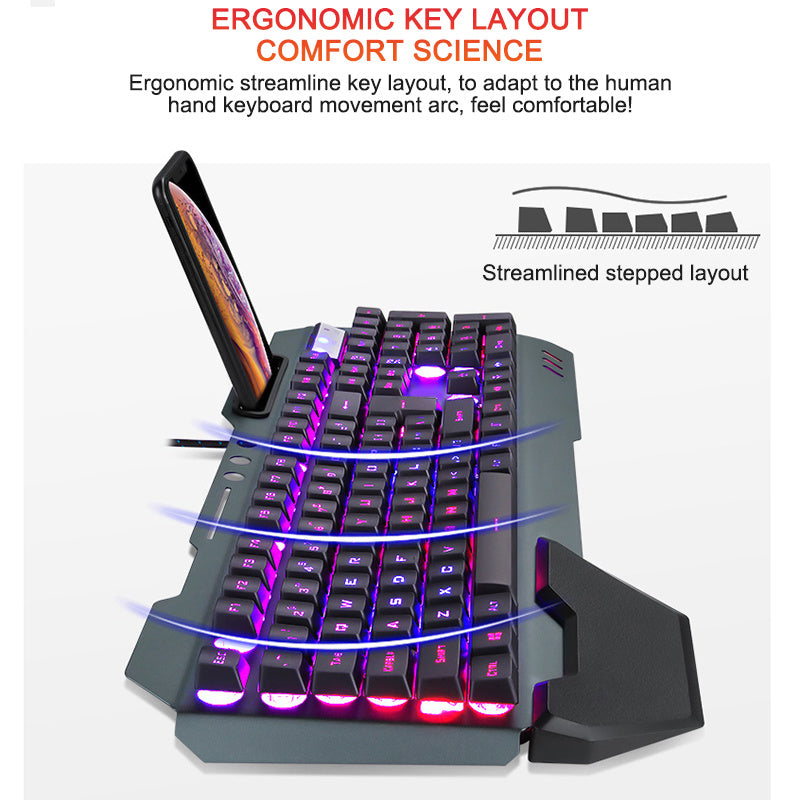 Clavier de jeu ergonomique avec support de téléphone rétroéclairé rvb